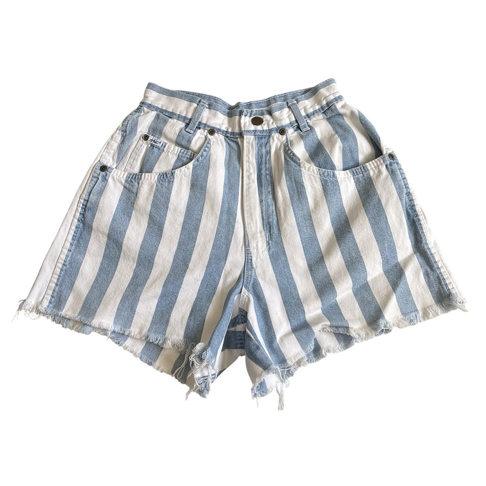 VTG CHIC Mom Jean Shorts Size 5 Blue White 80s Striped High Rise Denim Cutoff